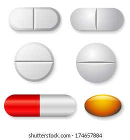 Standard tablets and pills vector set isolated on white background.