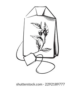 Standard tea bag with nameplate on a thread. Vector illustration.