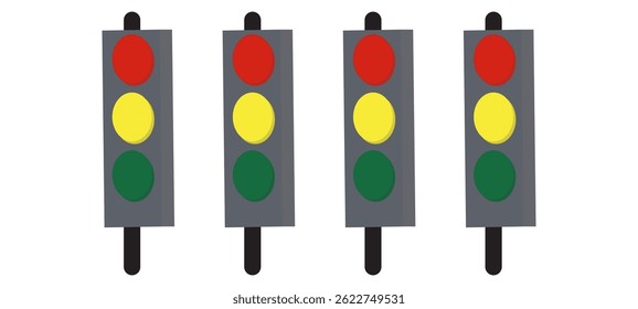 Um sinal de tráfego padrão de três luzes mostra indicadores de luz vermelha, amarela e verde. Ilustração de vetor.