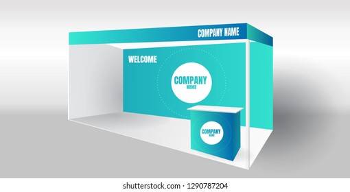 Standard Trade Exhibition Creative Booth Stand Design For Presentation In Perspective Corporate Identity Vector Template With Table Monitor Backdrop And Counter On Background Mock Up Template