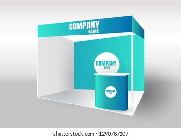 Standard Trade Exhibition Creative Booth Stand Design For Presentation In Perspective Corporate Identity Vector Template With Table Monitor Backdrop And Counter Isolated On Background Mock Up