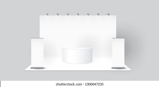 Standard Trade Exhibition Creative Booth Stand Design For Presentation In Perspective Corporate Identity Vector Template With Table Monitor Backdrop Lamp And Counter Isolated On Background Mock Up