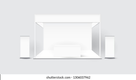 Standard Trade Exhibition Creative Booth Stand Design For Presentation In Perspective Corporate Identity Vector Template With Table Monitor Backdrop And Counter Isolated On Background Mock Up