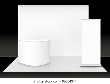Standard trade exhibition creative booth stand design for presentation in perspective corporate identity vector template with table monitor backdrop and counter isolated on background mock up