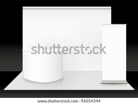 Standard trade exhibition creative booth stand design for presentation in perspective corporate identity vector template with table monitor backdrop and counter isolated on background mock up