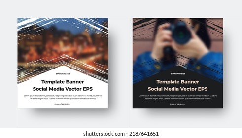Standard vector banner template, for social media, creative brochure presentation with brush stroke, photo on background. Booklet with white, black space for information, title. Square cover set