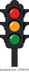 A standard vertical traffic light with red, yellow, and green circular lamps on a black pole, flat cartoon style vector illustration