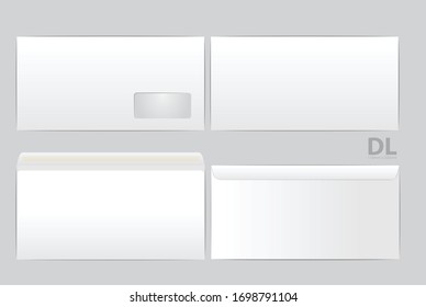 Standard white paper envelopes. For an office document or letter. Vector blank layouts. White blank mail envelope with a transparent window. Size DL, Euro. For your design