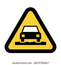 Standard yellow traffic warning sign featuring a black silhouette of a car driving over a speed bump. Used to alert drivers to road hazards and traffic calming measures.