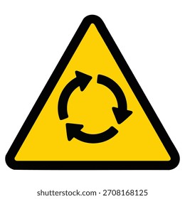 Um sinal de aviso triangular amarelo padrão com uma borda preta com três setas pretas dispostas em um padrão circular no sentido horário Indica a presença de uma rotatória ou uma área 