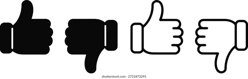 Iconos estandarizados que muestran reacciones positivas y negativas con gestos de pulgar en variaciones de relleno y contorno.