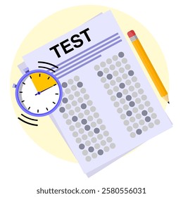 Standardized test sheet bubbles fill with pencil and stopwatch concept design, education illustration.