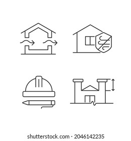 Standards for residential construction linear icons set. Natural ventilation. Weather resistance. Customizable thin line contour symbols. Isolated vector outline illustrations. Editable stroke