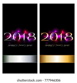 Standard-sized cards. Happy New Year 2018! Glowing balls and gold and silver ribbons on a black background