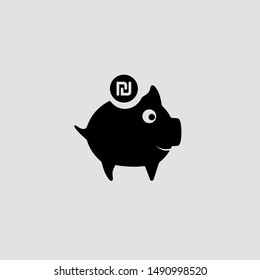 Standart piggy bank with coins with Israel currency called New Israel Sheckel. Isolated on grey background. Great for web, icon or your logo. Vector illustration with simply flat design