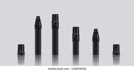 Standart and pocket black marker. Realistic vector illustration with reflection and shadow on transparent background. EPS 10