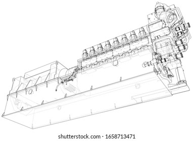 Generador diesel en espera. Línea del bastidor del cable aislada en blanco. Representación vectorial de 3d.