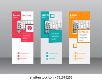 Standee design collection. Roll up business design with orange, red and green blocks on white background. Abstract geometric background, banner template. Vector templates set