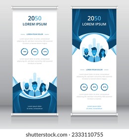 Standee template or roll up banner template with business people and cityscape artwork, Vertical signboard template, Trade show banner, X-banner template, Flag banner