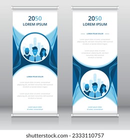 Standee template or roll up banner template with business people and cityscape artwork, Vertical signboard template, Trade show banner, X-banner template, Flag banner