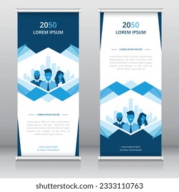 Standee template or roll up banner template with business people and cityscape artwork, Vertical signboard template, Trade show banner, X-banner template, Flag banner