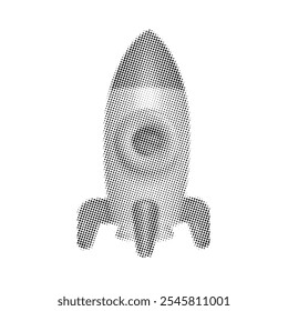 Standing 3d cartoon rocket - retro halftone college design element. Isolated dotted vector illustration.