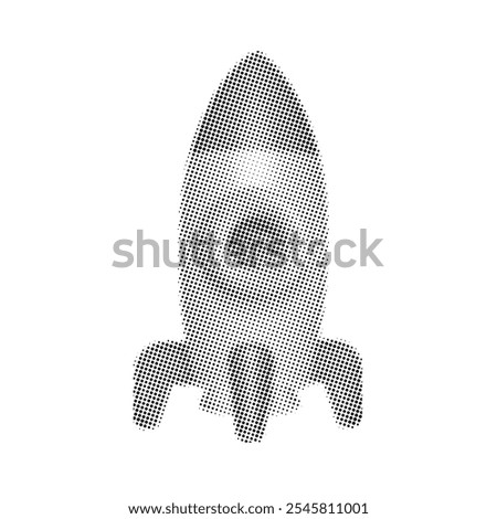 Standing 3d cartoon rocket - retro halftone college design element. Isolated dotted vector illustration.
