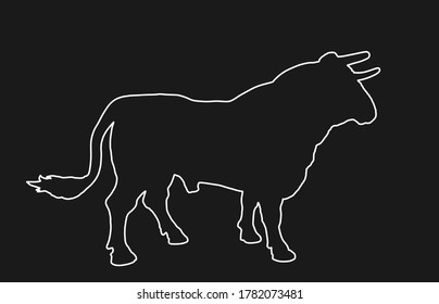 Standing adult bull vector line contour silhouette illustration isolated black. Breeding bull.  quality genetic material for insemination. Organic food.  Strong animal for bull fighting Spain corrida