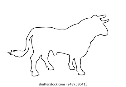 Standing adult bull vector line contour silhouette illustration isolated. Breeding bull shape shadow quality genetic material for insemination. Organic food.  Strong animal bull fighting corrida.