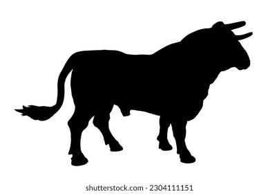 Standing adult bull vector silhouette illustration isolated on white background. Breeding bull.  quality genetic material for insemination. Organic food.  Strong animal for bull fighting Spain corrida