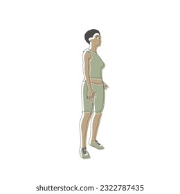 Standing afro american woman. Sport girl illustration. Casual sportwear - t-shirt, breeches and sneakers. Young woman wearing workout clothes. Sport fashion girl outline in urban casual style.