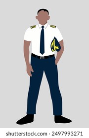 Standing airplane pilot. Airplane captain man. Flat vector illustration. 