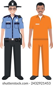 Standing American Policeman Sheriff Officer in Uniform and Hispanic Prisoner Person in Traditional in Prison Clothes Character Icon in Flat Style. Vector Illustration.