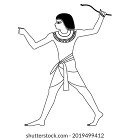 Standing ancient Egyptian man or pharaoh holding a snake wand. Black and white linear silhouette. Isolated vector illustration.