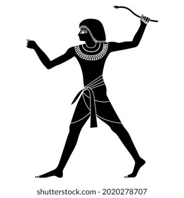 Standing ancient Egyptian man or pharaoh holding a snake wand. Black and white negative silhouette. Isolated vector illustration.