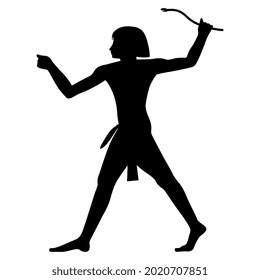 Standing ancient Egyptian man or pharaoh holding a snake wand. Black silhouette on white background. Isolated vector illustration.