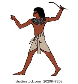 Standing ancient Egyptian man or pharaoh holding a snake wand. Hand drawn colorful rough sketch. Black silhouette on white background.