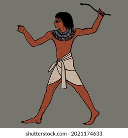 Standing ancient Egyptian man or pharaoh holding a snake wand. Hand drawn colorful rough sketch. On gray background.