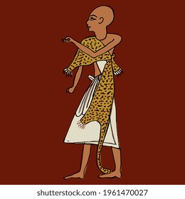 Standing ancient Egyptian pries. Hand drawn colorful rough doodle sketch. On red background.