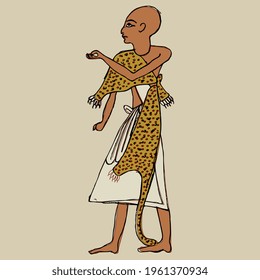 Standing ancient Egyptian priest. Hand drawn colorful rough doodle sketch on light background.