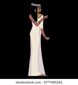 Standing ancient Egyptian young woman in long white dress. Pretty lady. Isolated vector illustration. On black background.