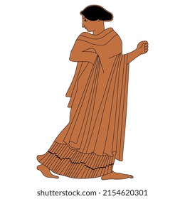 Standing ancient Greek girl clenching fist and looking back. Vase painting style. Isolated vector illustration.