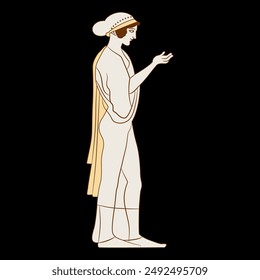 Standing ancient Greek girl in profile with raised hand. Ethnic vase painting style.