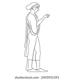 Standing ancient Greek girl in profile with raised hand. Ethnic vase painting style. Black and white linear silhouette.