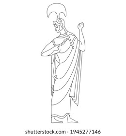 Standing ancient Greek goddess Athena. Black and white linear silhouette. Vase painting style.