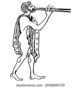 Standing ancient Greek man flaying flute. Vase painting style. Hand drawn linear doodle rough sketch. Black silhouette on white background.