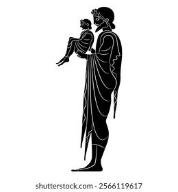 Standing Ancient Greek man holding a child. God Hermes with baby Dionysus. Black and white silhouette. Vase painting style.