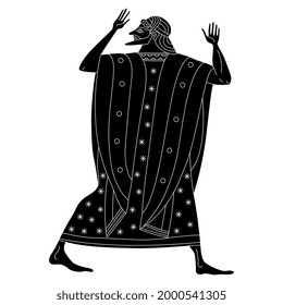 Standing ancient Greek man in long mantle with raised arms. Vase painting style. Black and white negative silhouette.