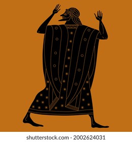 Standing ancient Greek man in long mantle with raised arms. Vase painting style. Monochrome black and orange silhouette.