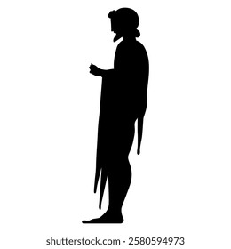 Standing Ancient Greek man in profile. Black silhouette on white background.